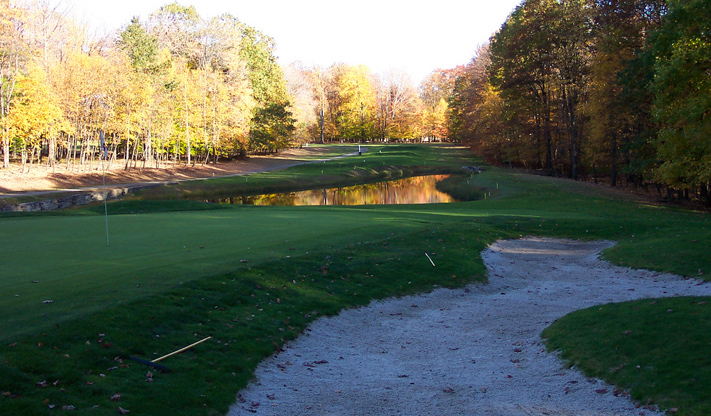 Treasure Lake Silver Golf Course number 16 green, sandtrap and pond. Treasure Lake - Dubois, PA